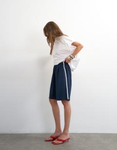 Model wearing Sport stripe detail shorts in navy