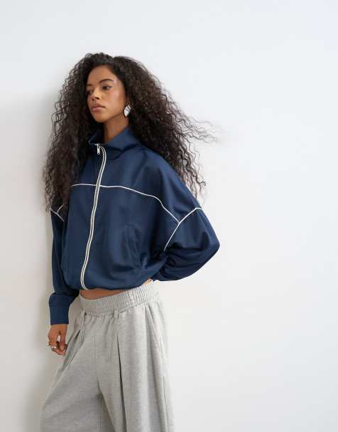 Topshop sportjacka med hög krage och kantband i navy - view 1