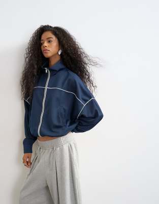 Topshop Sports High Neck Piped Jacket In Navy