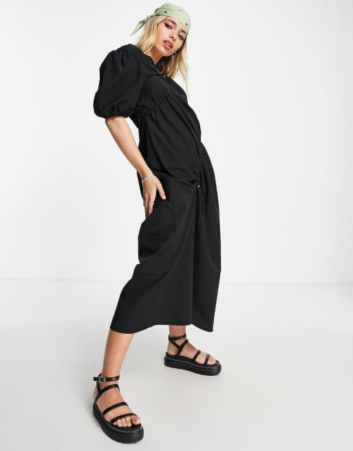 Topshop sporty channel puff sleeve midi dress in black | ASOS