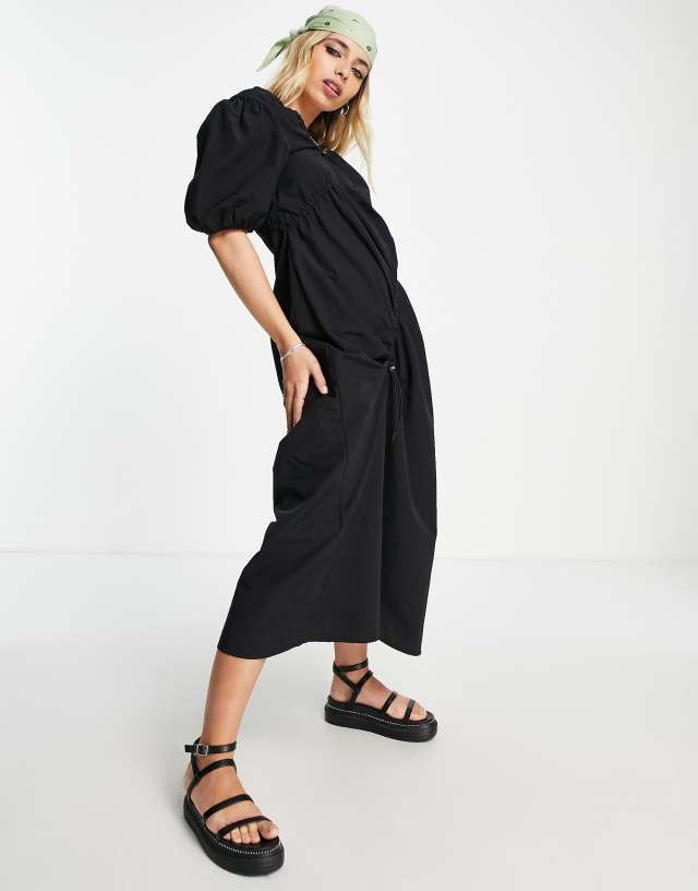 Topshop sporty channel puff sleeve midi dress in black