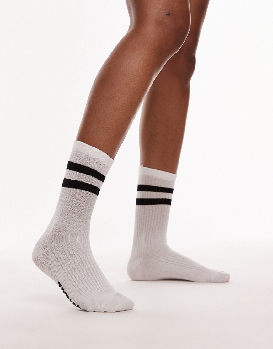 Topshop sporty ribbed socks with black stripes in white-Multi