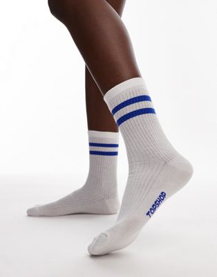 Topshop Sporty Ribbed Socks With Cobalt Stripes In White-multi
