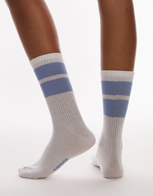 Topshop sporty ribbed socks with light blue stripes in white