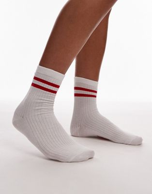 sporty ribbed socks with red stripes in white-Multi