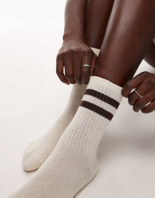 Topshop sporty ribbed socks with stripe in chocolate & cream | ASOS