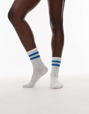 Topshop Topshop sporty ribbed socks with stripe in white & cobalt blue