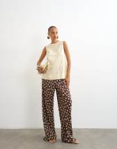 Topshop spot crinkle wide leg trouser in brown