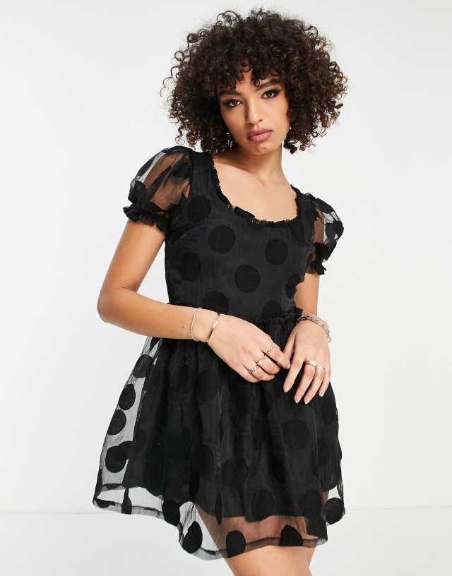 Topshop spot jacquard babydoll dress in black