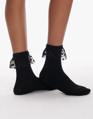 Topshop spot lace frill sock in black