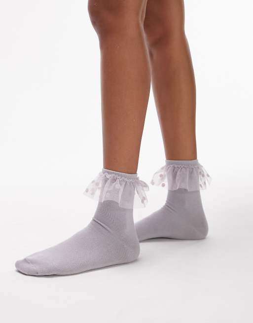 Topshop spot lace frill socks in grey, 3 of 4