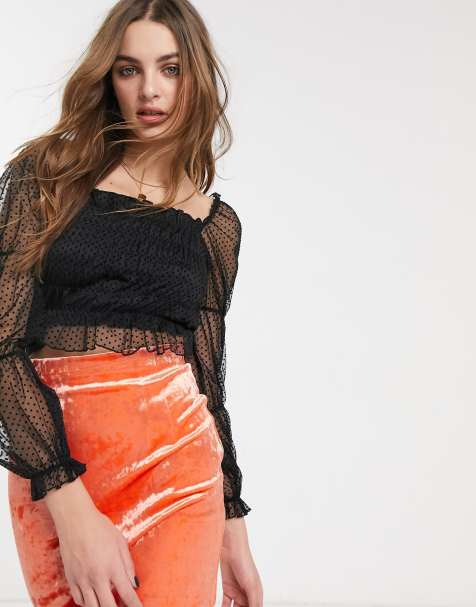 Topshop spot mesh crop blouse in black