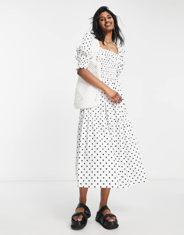 Topshop spot poplin tiered midi dress in monochrome