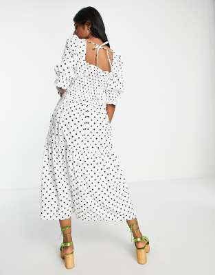 Topshop spot poplin tiered midi dress in monochrome | ASOS