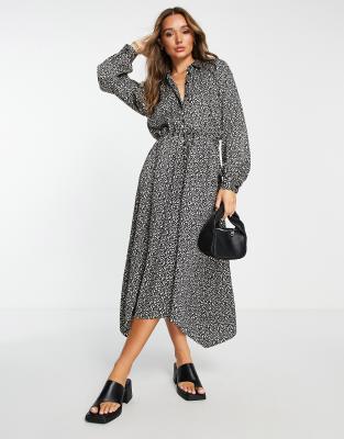 Topshop spot print tie waisted midi shirt dress in mono-Multi