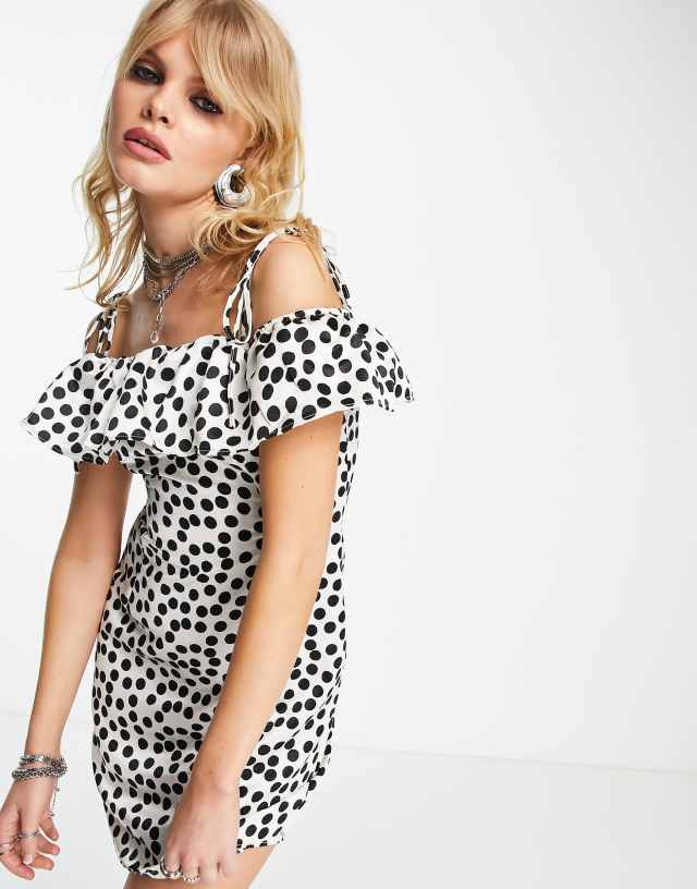 Topshop spot satin ruffle mini dress in mono