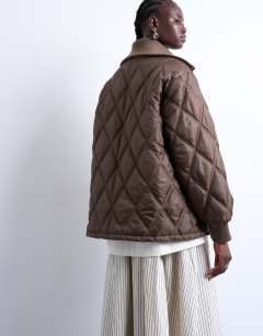 Model wearing Spread rib collar liner jacket in chocolate