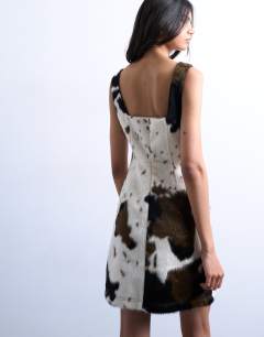 Model wearing Square neck 90s mini in faux pony hair
