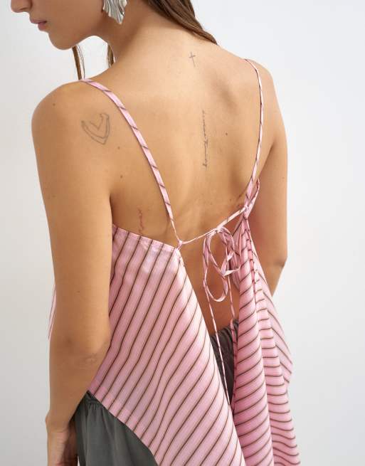 Topshop square neck cami top with draped back detailing in pink stripes, 4 of 4