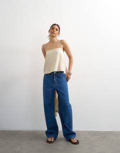 Model wearing Square neck cami with drape back detail in ecru