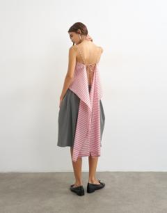 Model wearing Square neck cami with drape back detail in pink stripe