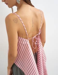 Model wearing Square neck cami with drape back detail in pink stripe