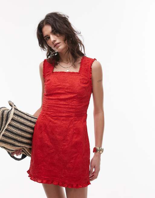Topshop square neck embroidery mini dress in red