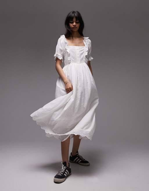 Topshop square neck heart broderie midi dress in ivory 