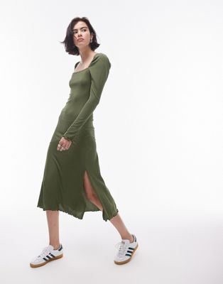 Topshop Square Neck Jersey Midi Dress In Olive-green