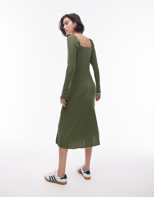 Topshop square neck jersey midi dress in olive | ASOS