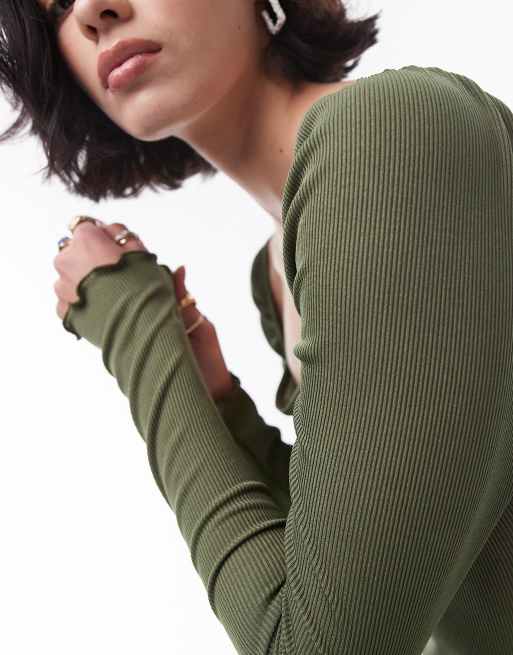 Topshop square neck jersey midi dress in olive, 4 of 4