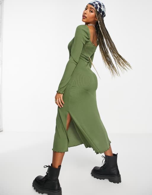 Topshop square neck jersey midi dress in olive ASOS