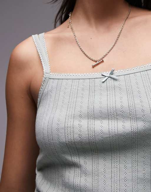 Topshop - Ajourgebreide cami met vierkante hals en kant in groen