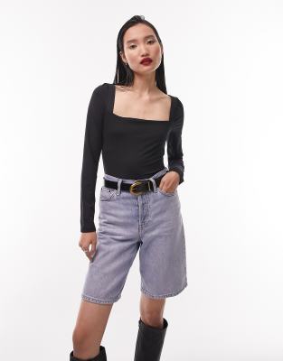 Topshop Square Neck Long Sleeve Bodysuit In Black In Black