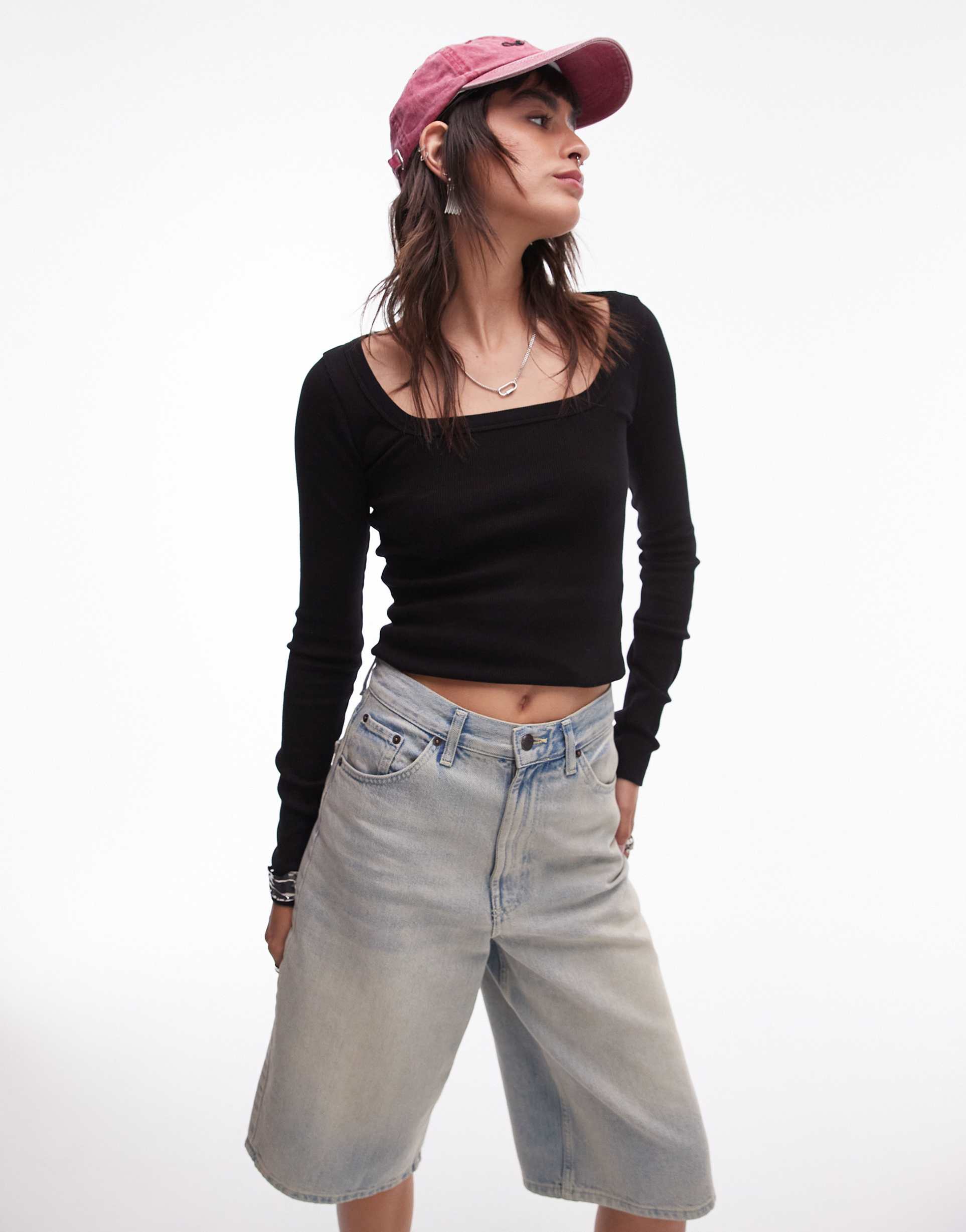 topshop square neck long sleeve top in black