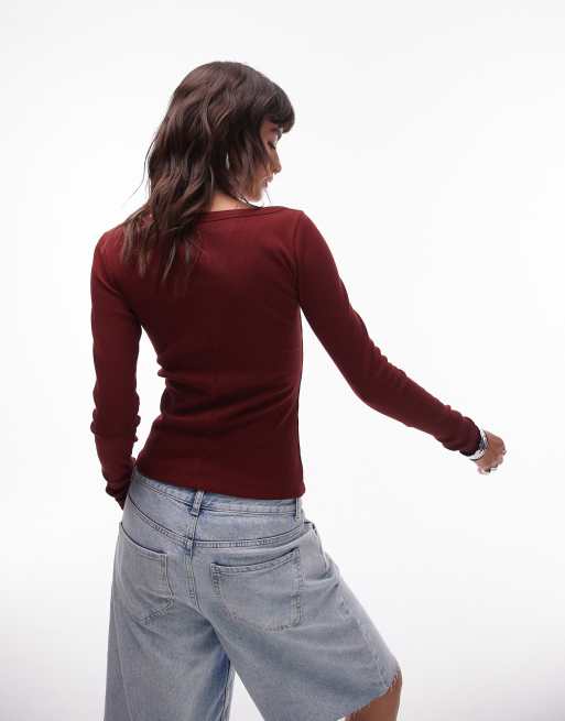 Topshop square neck long sleeve top in burgundy, 2 of 4