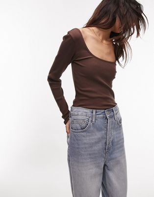 Topshop square neck long sleeve top in chocolate
