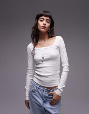 square neck long sleeve top in ecru-White