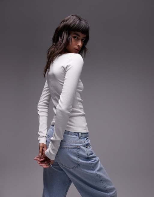 Topshop square neck long sleeve top in ecru, 3 of 4