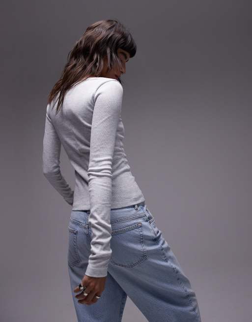 Topshop square neck long sleeve top in gray heather