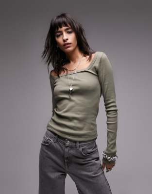 Khaki Full Sleeve Square Neck Long Sleeve T-Shirt