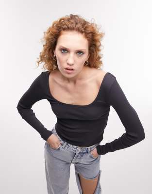 Topshop square neck long sleeve top in slate - ASOS Price Checker