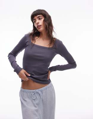 Topshop Square Neck Long Sleeve Top In Slate-gray