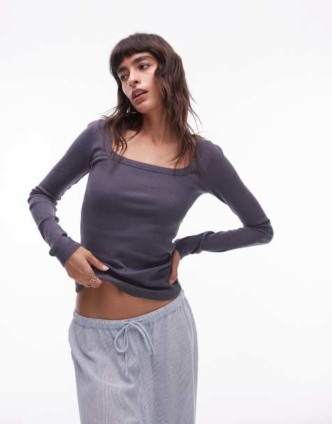 Topshop square neck long sleeve top in slate - view 1