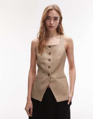 Topshop Square Neck Longline Vest In Neutral