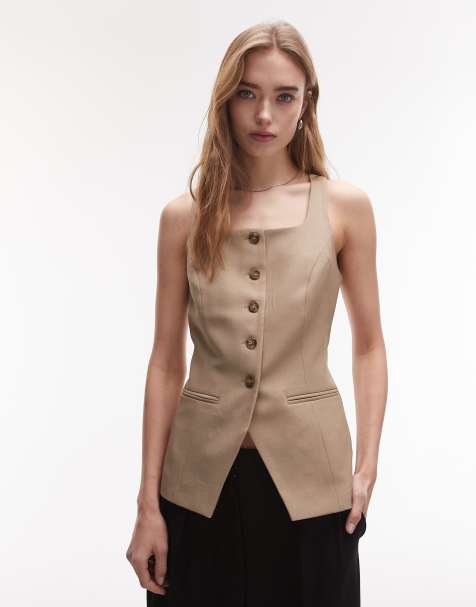 Topshop square neck longline waistcoat in sand - view 1