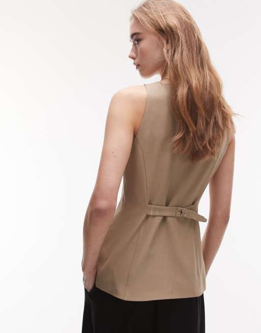 Topshop square neck longline waistcoat in sand, 2 of 4