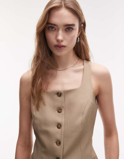 Topshop square neck longline waistcoat in sand, 4 of 4