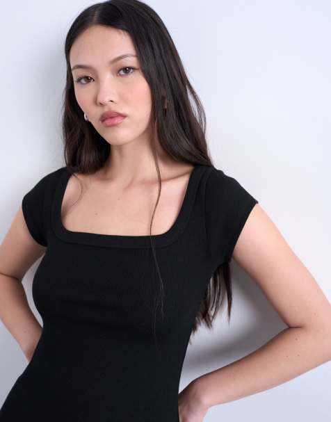 Topshop square neck rib cap sleeve tee in black - view 1