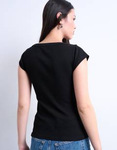 Model wearing Square neck rib cap sleeve tee in black